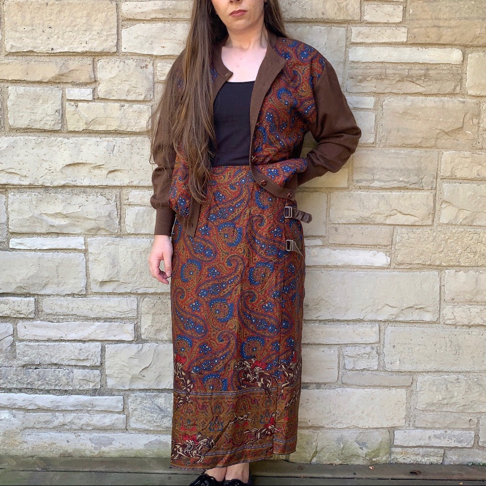 Vtg Wrap Skirt w/ Fox Hunting Motif and Sweater